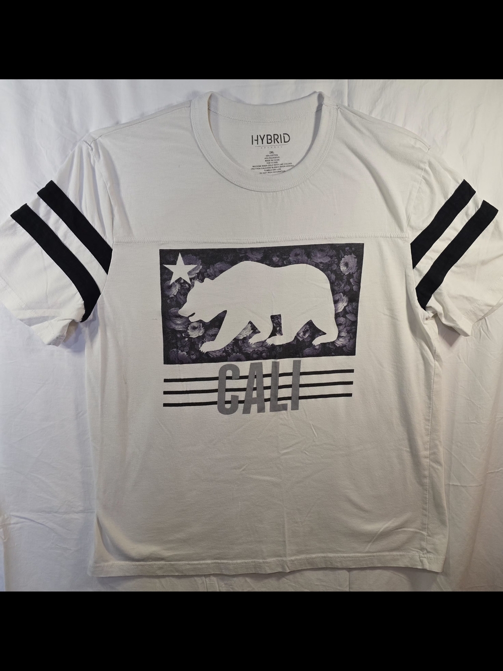 Hybrid Apparel White Tee with Black Sleeve Stripes and Cali Bear Graphic